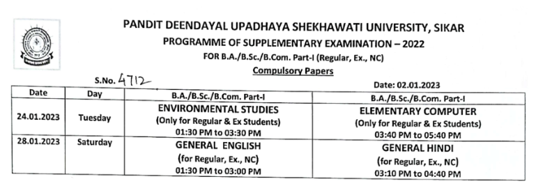 PDUSU UG Supplementary Time Table 2024 BA BSc BCom 1st 2nd 3rd Year ...